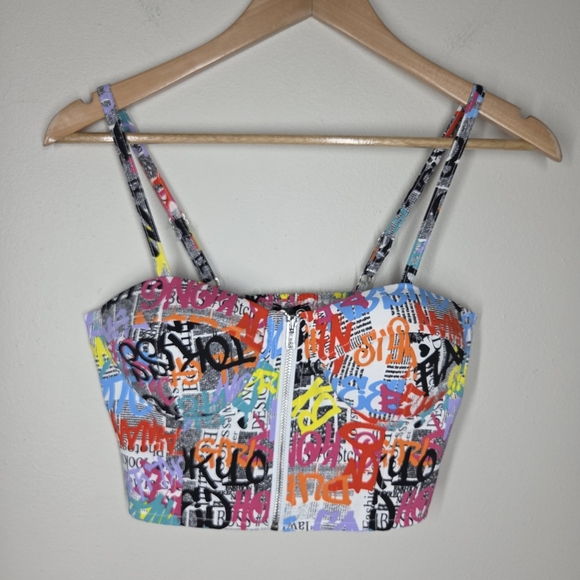 Say What Colorful Multicolor Grafitti Newsprint Zip Up Corset Crop Top Medium - Picture 1 of 7
